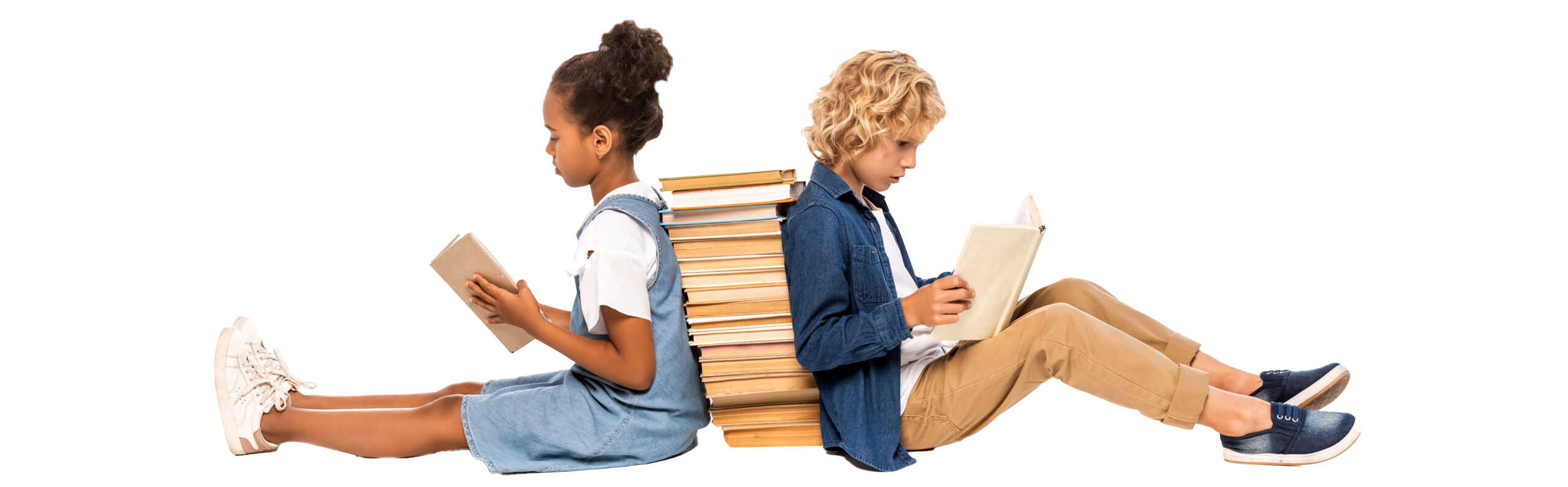 panoramic concept of multicultural kids sitting near books and reading isolated on white